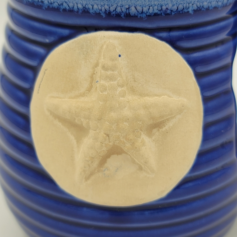 DEI Starfish Mug Nautical Coastal Pottery Ribbed Blue Tan 5.25" Cozy Hand Grip - Picture 2 of 10